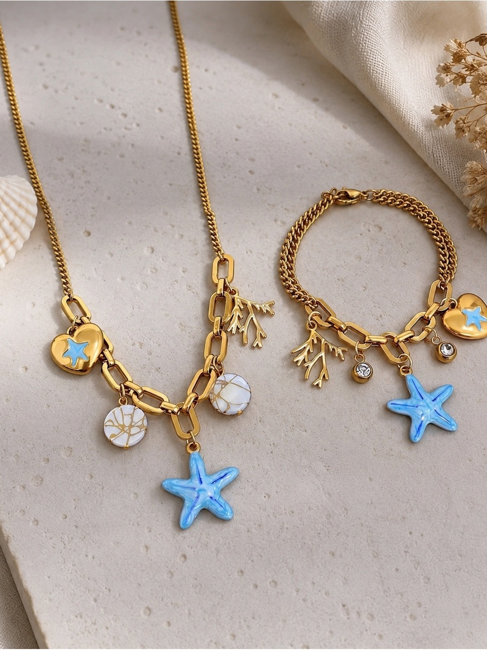 Gold Blue Starfish Charm Necklace and Bracelet Set